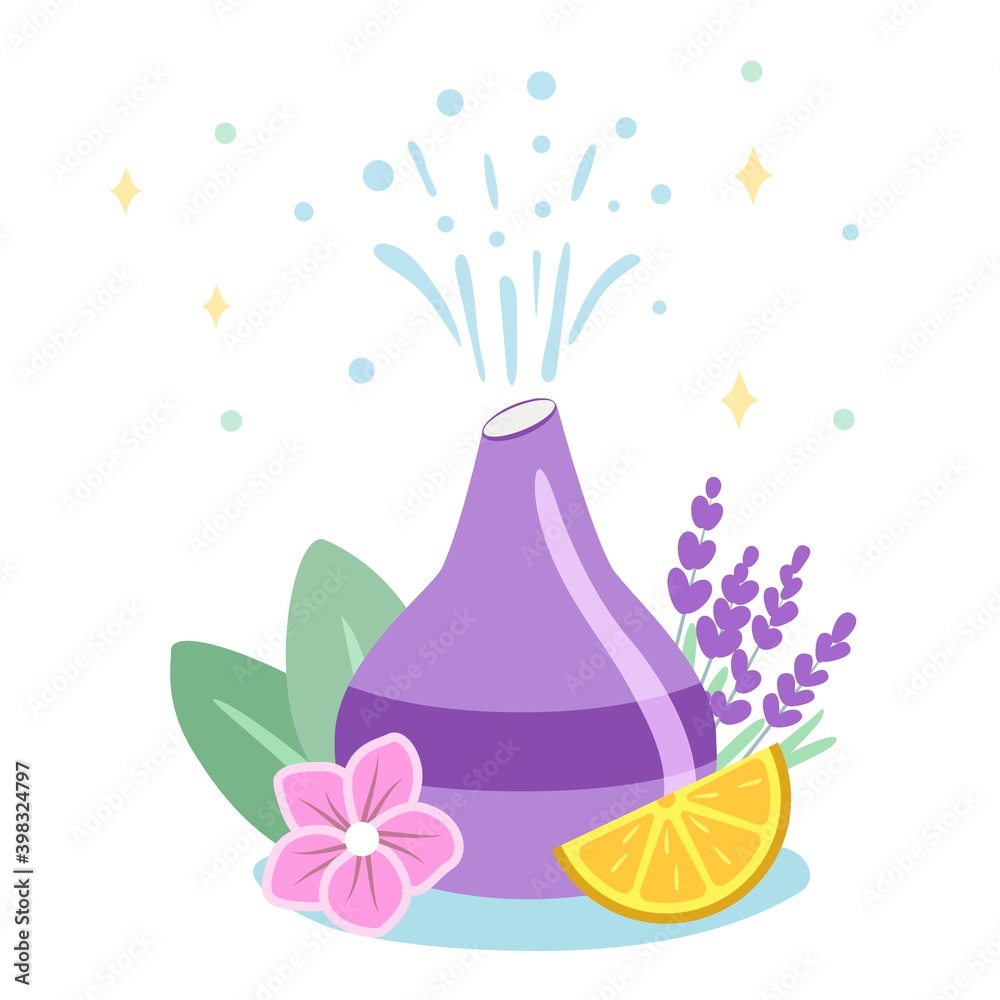 Decorative ultrasonic home diffuser and lavender flowers for meditation and freshness at home and aromatherapy Concept of a home spa and wellness space flat editable vector illustration
