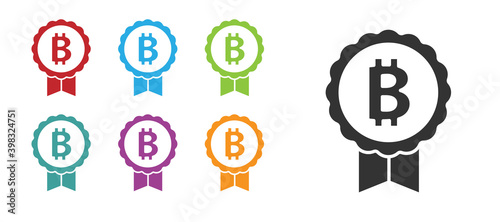 Black Cryptocurrency coin Bitcoin icon isolated on white background. Physical bit coin. Blockchain based secure crypto currency. Set icons colorful. Vector.