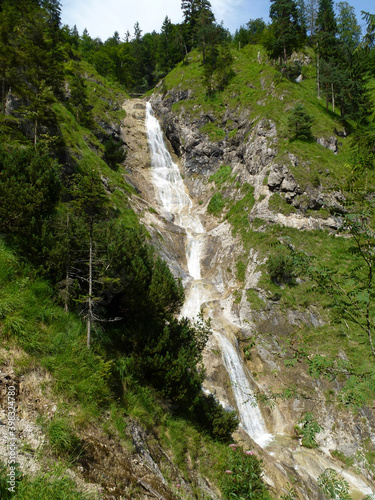 Waterfall at Hausbachfall via ferrata in Reit im Winkl  Bavaria  Germany
