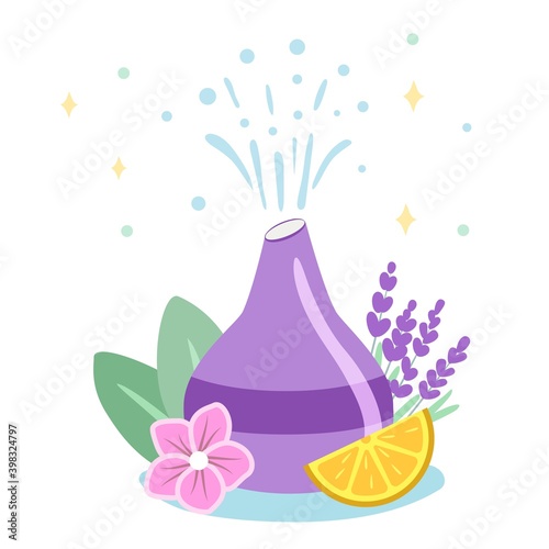 Decorative ultrasonic home diffuser and lavender flowers for meditation and freshness at home and aromatherapy Concept of a home spa and wellness space flat editable vector illustration