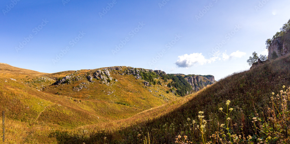 Fototapeta Mountain landscape, autumn sketches from tourist routes, recreation places for citizens.