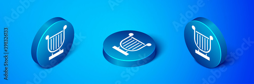Isometric Ancient Greek lyre icon isolated on blue background. Classical music instrument, orhestra string acoustic element. Blue circle button. Vector.