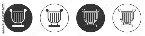 Black Ancient Greek lyre icon isolated on white background. Classical music instrument, orhestra string acoustic element. Circle button. Vector.