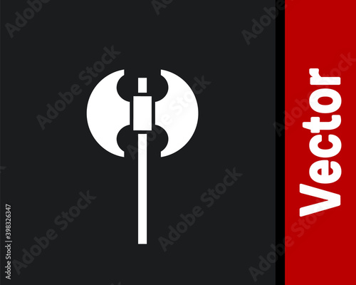 White Medieval axe icon isolated on black background. Battle axe, executioner axe. Medieval weapon. Vector.