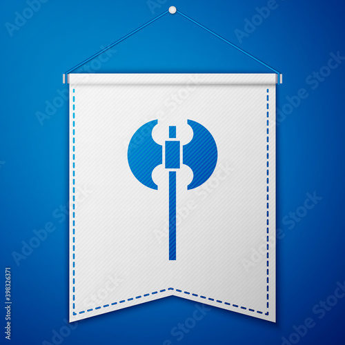 Blue Medieval axe icon isolated on blue background. Battle axe, executioner axe. Medieval weapon. White pennant template. Vector.