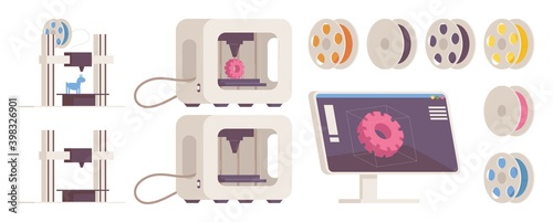 Vector collection for 3d print. Printers and display with gear prototype, various colors filament spools