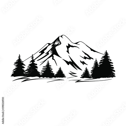 Mountain and landscape vector with fir trees. Black and white illustration