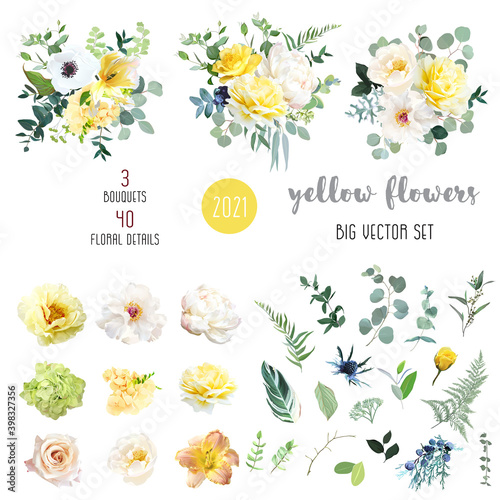 Yellow rose, hydrangea, white peony, lily, anemone, spring garden flowers