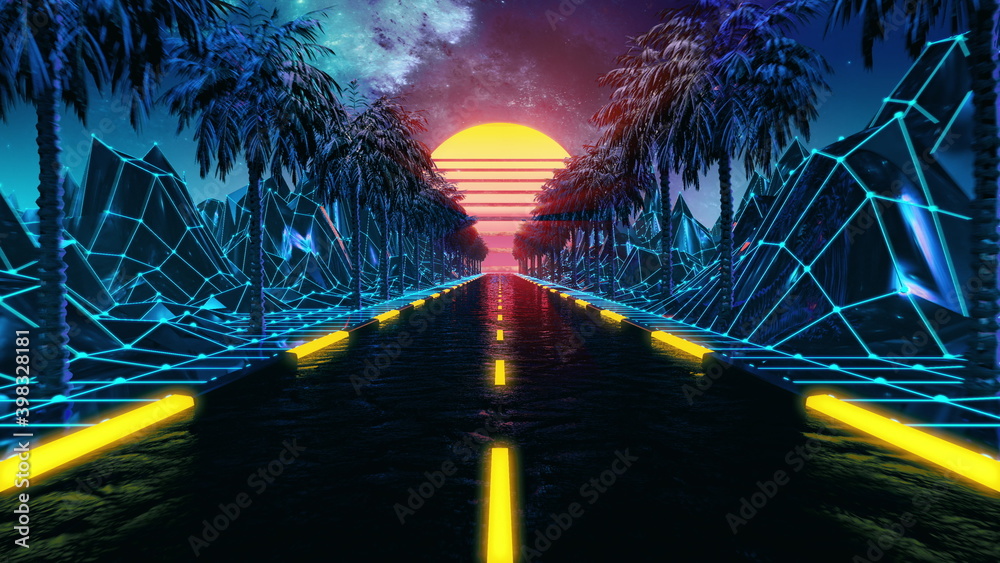 80s retro futuristic sci-fi background. VJ videogame landscape with neon lights