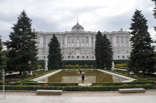 View on Royal Palace from the Sabatini Gardens, Madrid, Spain 
