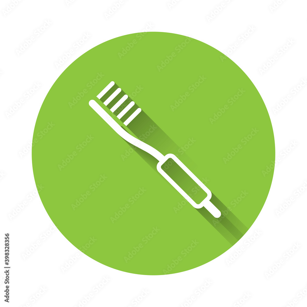 White Toothbrush icon isolated with long shadow. Green circle button. Vector. White Toothbrush icon isolated with long shadow. Green circle button. Vector.