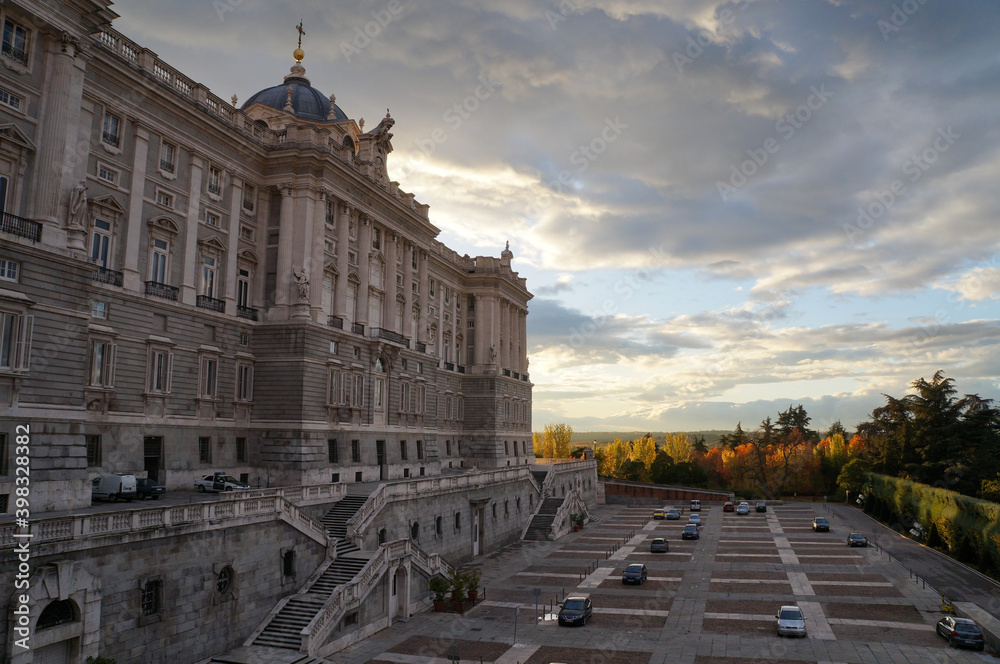 Royal Palace of Madrid against cloudy sky, Spain