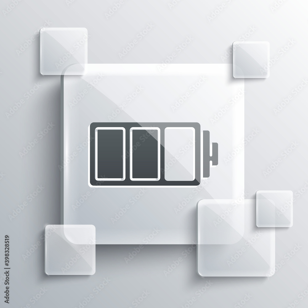 Grey Battery charge level indicator icon isolated on grey background. Square glass panels. Vector.