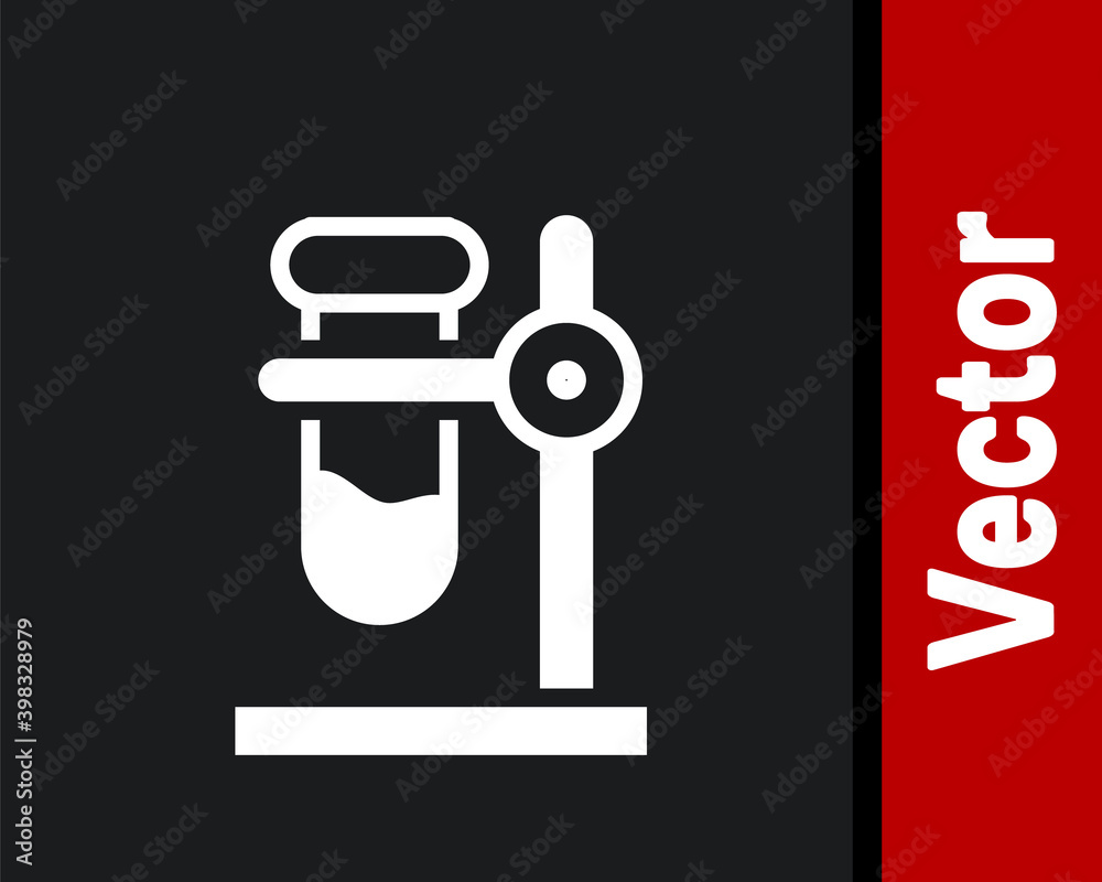 White Glass test tube flask on stand icon isolated on black background. Laboratory equipment. Vector. White Glass test tube flask on stand icon isolated on black background. Laboratory equipment. Vector.