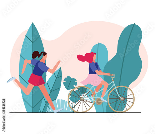 young women running and bike ride characters