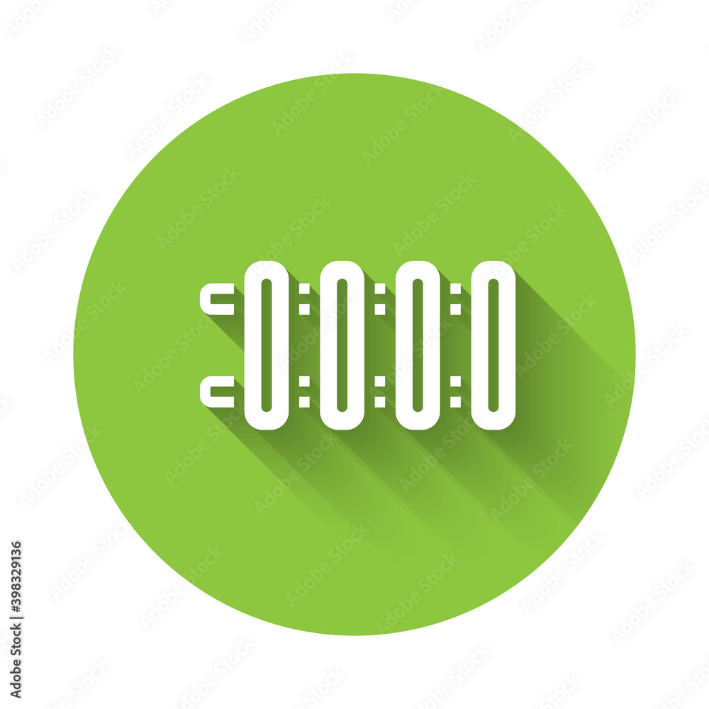 White Heating radiator icon isolated with long shadow. Green circle button. Vector. White Heating radiator icon isolated with long shadow. Green circle button. Vector.