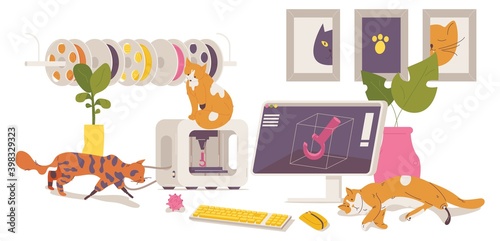Various cats with prosthesis made with 3d printer. Interior scene with artist or designer workplace with kittens, display monitor, filament spools isolated on white