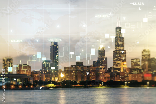 Abstract creative financial graph and world map on Chicago cityscape background, financial and trading concept. Multiexposure © Pixels Hunter