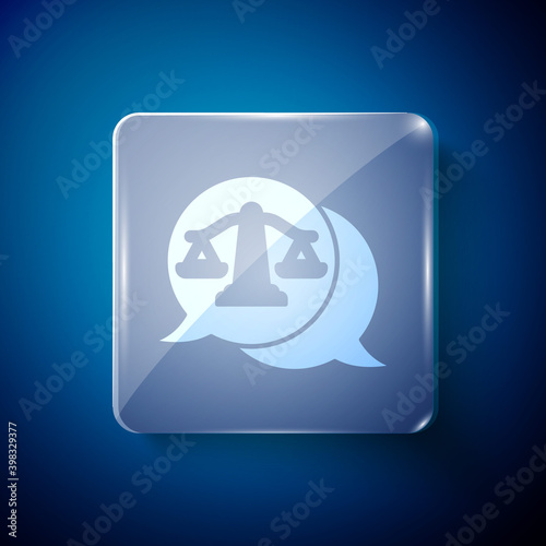 White Scales of justice icon isolated on blue background. Court of law symbol. Balance scale sign. Square glass panels. Vector.