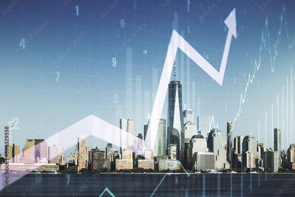 Obraz premium Double exposure of abstract creative financial chart and upward arrow illustration on New York city skyscrapers background, research and strategy concept