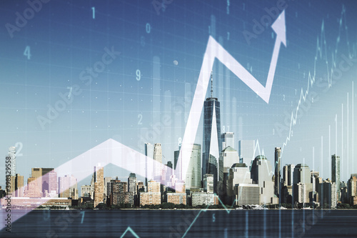 Double exposure of abstract creative financial chart and upward arrow illustration on New York city skyscrapers background, research and strategy concept