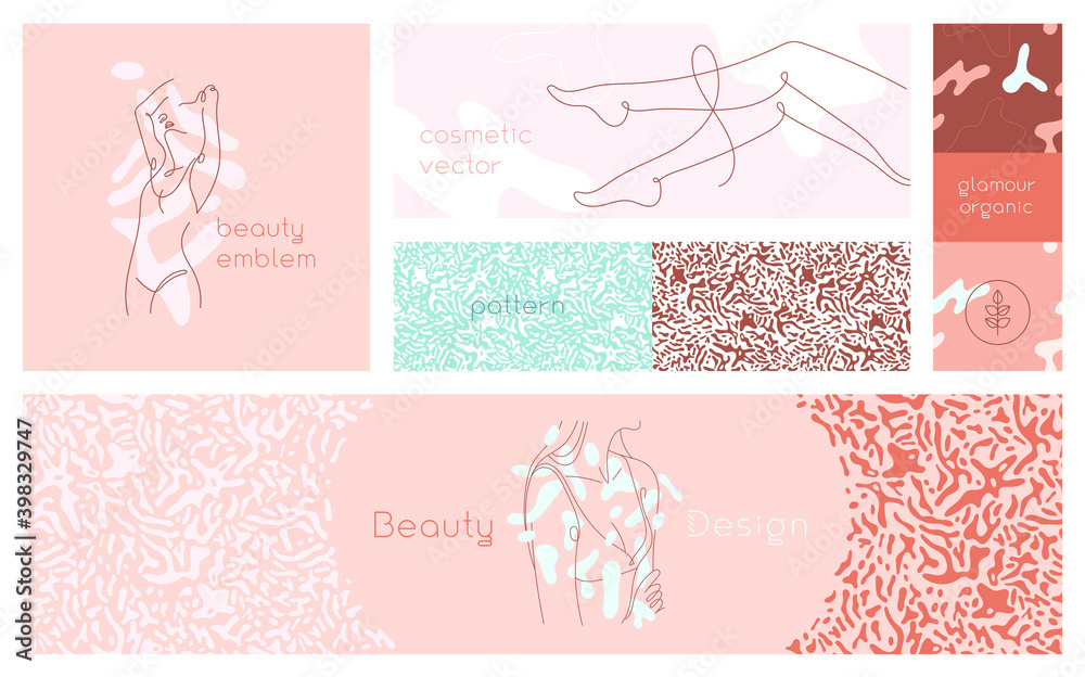 Beauty studio emblem and hair salon logo template. Elegant banner set in trendy minimal style. Abstract symbol for cosmetics label and packaging or beauty products. Spa salon sign and glamour pattern
