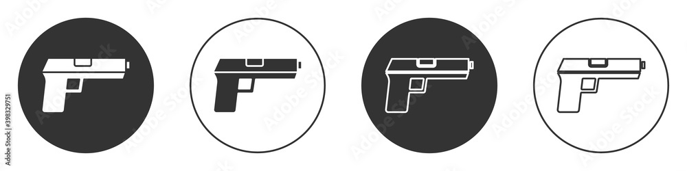 Black Pistol or gun icon isolated on white background. Police or military handgun. Small firearm. Circle button. Vector. Black Pistol or gun icon isolated on white background. Police or military handgun. Small firearm. Circle button. Vector.