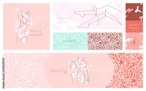 Beauty studio emblem and hair salon logo template. Elegant banner set in trendy minimal style. Abstract symbol for cosmetics label and packaging or beauty products. Spa salon sign and glamour pattern