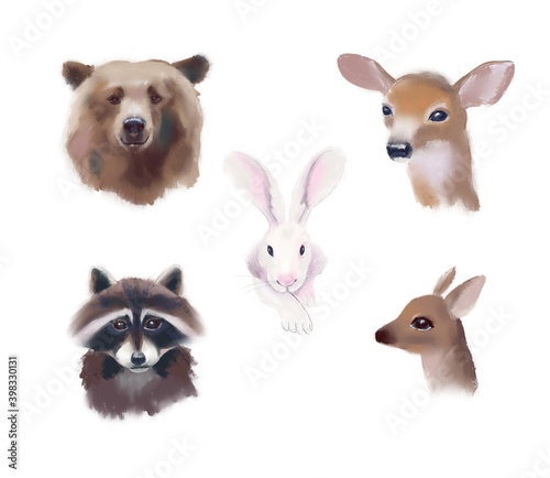 Portraits of animals. Cute illustration. Bear face, Raccoon, deer, rabbit face. Watercolor animal portraits. © Lena
