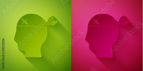 Paper cut Pirate captain icon isolated on green and pink background. Paper art style. Vector.