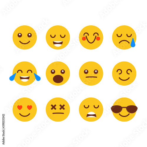 Collection of flat emoticons with different faces. Cartoon yellow smiley icons that smile, laugh, in love, sadness, funny set. Vector illustration