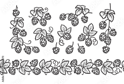 Hop branches with cones and leaves seamless border. Brewery, beer festival, bar, design elements in vintage engraving style. Hand drawn vector illustration isolated on white background.