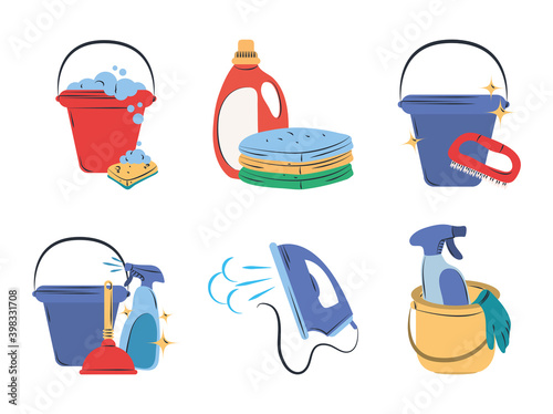 cleaning icon set bucket sponge detergent electric iron spray and laundry clothes