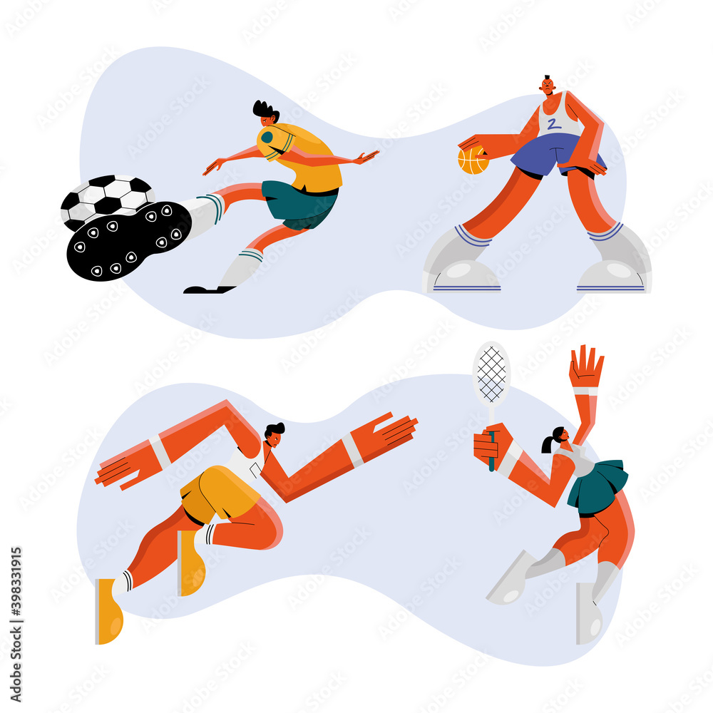 group of four athletes practicing sports characters