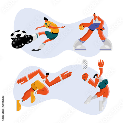 group of four athletes practicing sports characters