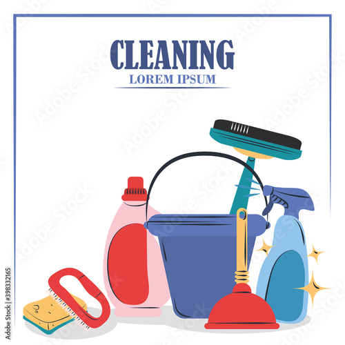 cleaning supplies bucket plunger brush spray sponge and squeegee