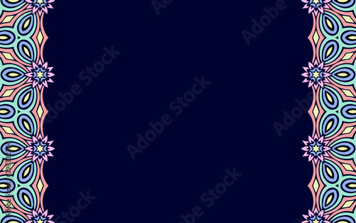 Dark blue background with vertical inserts of oriental geometric ornament of figures and flowers in trendy light colors. Vector graphics for design and decor, website.