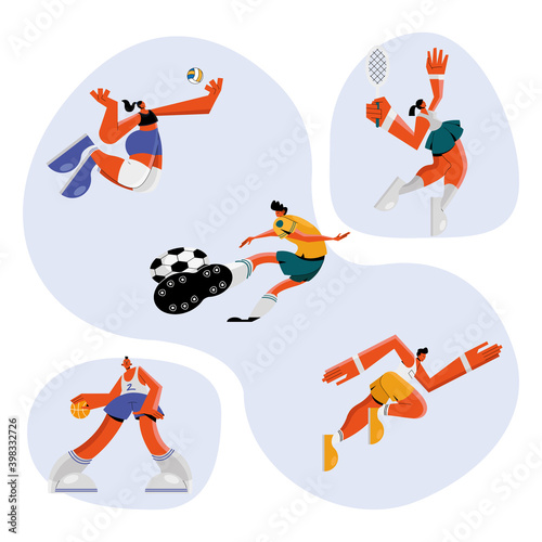 group of five athletes practicing sports