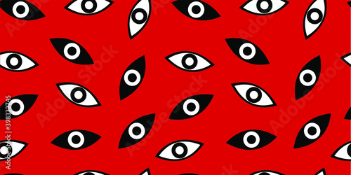 Seamless pattern with All-seeing eye for fashion prints, fabrics, wallpapers, wrapping paper, bedding. Black and white eye - Masonic symbol. Vector illustration. Red background.