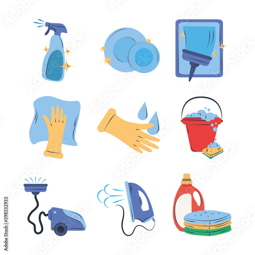 cleaning icon set spray dishes bucket laundry iron vacuum supplies equipment