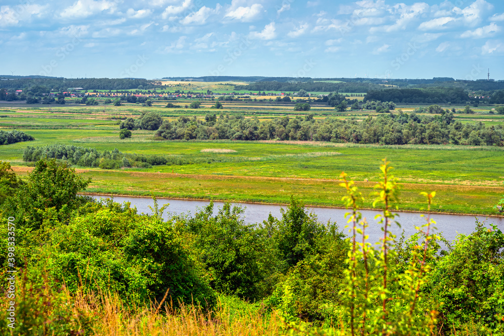 Oder River as a natural country border between Germany and Poland. Summer rural landscape with a forest and an agriculture field