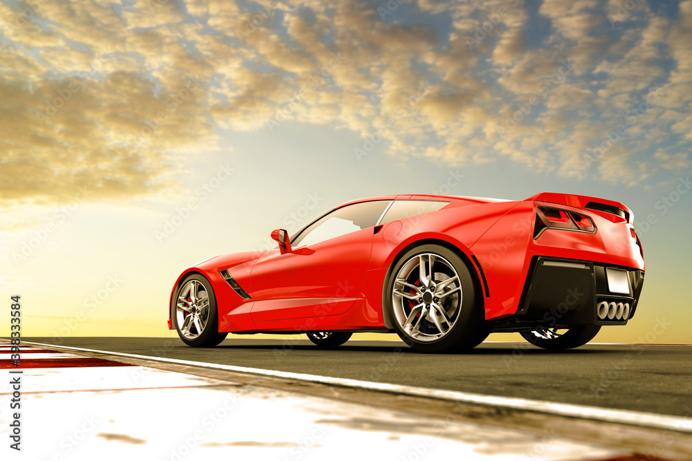 Red generic sport car in the sunset