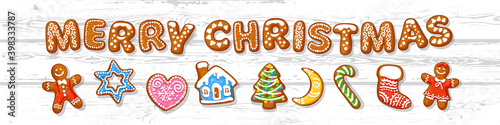 Set of Christmas gingerbread cookies. Merry Christmas text composed of cookies. Cartoon hand drawn vector illustration isolated on white background. Christmas greeting card, banner design element.