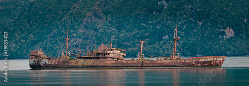 remains of the sunken ship Captain Leonidas in the fjords of southern Chile