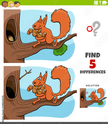 differences educational task for kids with squirrel and acorns