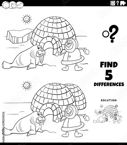 differences educational game with eskimo coloring book page