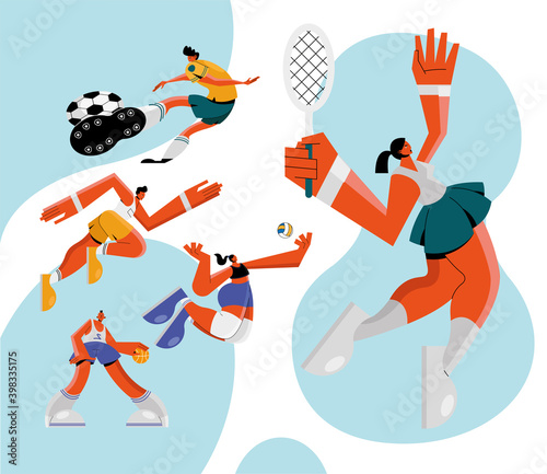 group of five athletes practicing sports characters