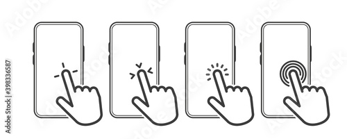 Hand Touch Screen Smartphone icons. Click on the smartphone. Line objects. Vector illustration.