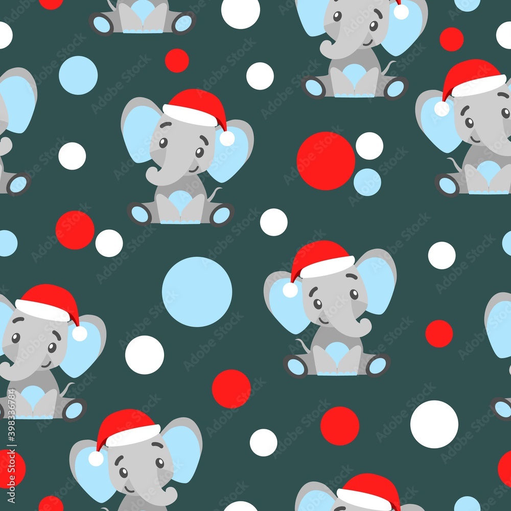 Seamless pattern. Happy New Year. Cartoon baby elephant in red Christmas hat. White, red and blue confetti. Green background. Post cards, wallpaper, textile, scrapbooking and wrapping paper