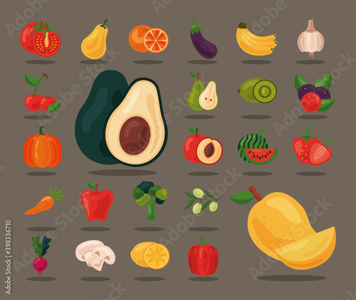 bundle of twenty four fresh fruits and vegetables healthy food set icons